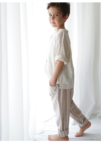 Linen Line Kahve Beyaz Çizgili Carrot Pantolon + Krem Keten Ipli Gömlek fiyatları