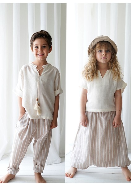 Linen Line Kahve Beyaz Çizgili Carrot Pantolon + Krem Keten Ipli Gömlek modelleri