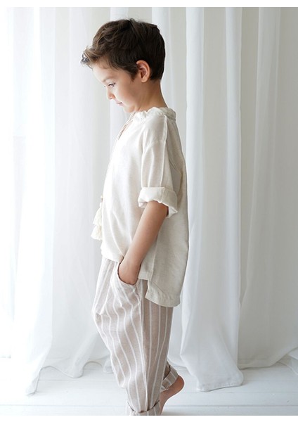 Linen Line Kahve Beyaz Çizgili Carrot Pantolon + Krem Keten Ipli Gömlek fırsatları