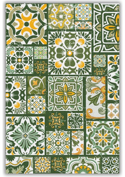 Yeşil Patchwork Seramik Desenli Dokuma Tabanlı Yazlık Halısı Çini Desenli Banyo Halısı fiyatları