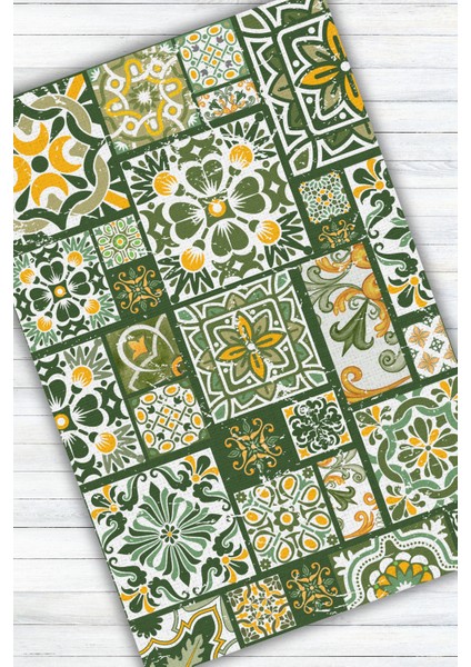 Yeşil Patchwork Seramik Desenli Dokuma Tabanlı Yazlık Halısı Çini Desenli Banyo Halısı modelleri