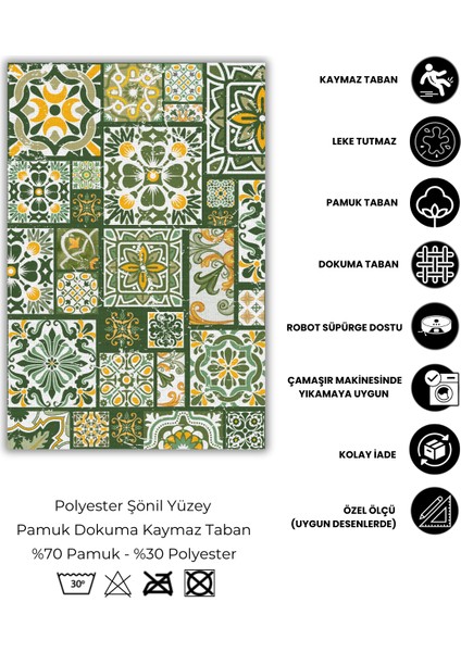 Yeşil Patchwork Seramik Desenli Dokuma Tabanlı Yazlık Halısı Çini Desenli Banyo Halısı fırsatları