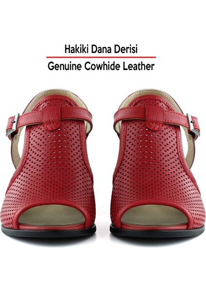 Elena Kırmızı Hakiki Dana Derisi Önü Arkası Açık Delik Detaylı Kalın Topuklu Rahat Günlük Sandalet