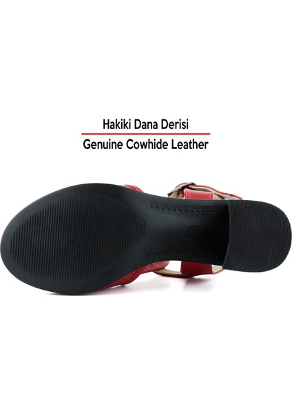 Elena Kırmızı Hakiki Dana Derisi Önü Arkası Açık Delik Detaylı Kalın Topuklu Rahat Günlük Sandalet