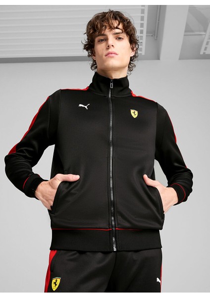 63019401 Ferrari Race Mt7 Jacket Pu Siyah Kapüşon Yaka Regular Fit Erkek Mont