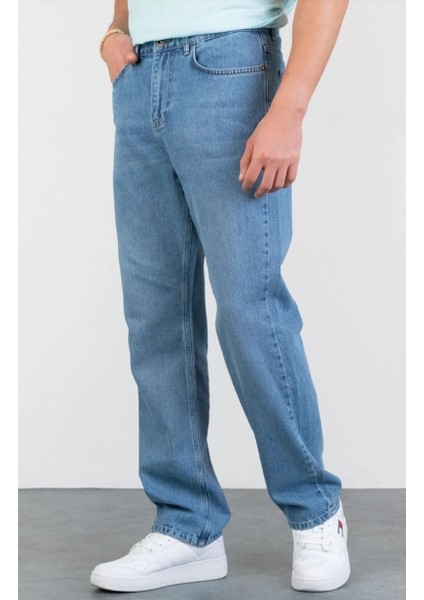 Erkek Asit Yıkama Buz Mavi Bol Paça Jean Kot Baggy Pantolon fiyatları