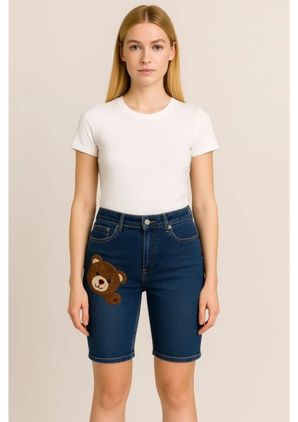 Jeans Ayıcık Desenli Likralı Kot Şort