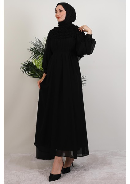 Gipe Detay Şifon Elbise Siyah