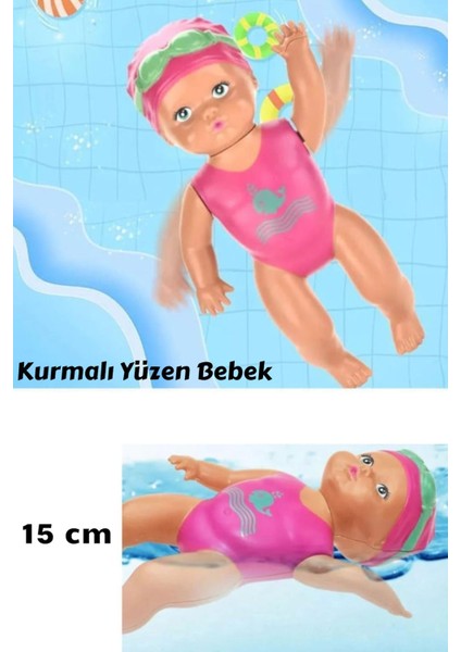 Pembe Yüzen Bebek, 15 Cm, Kurmalı, Havuz ve Kartela ile Eğlence Keyfi