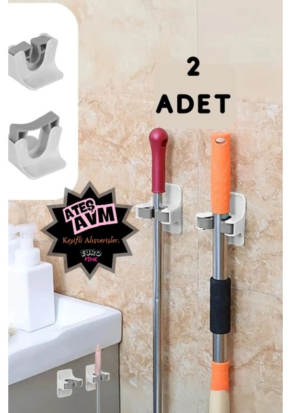 Beyaz-Gri Paspas Süpürge Fırça ve Mop Askısı, 2'li Set, Pratik ve Şık Tasarım