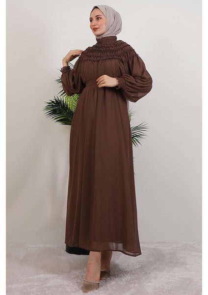 Gipe Detay Şifon Elbise Kahve