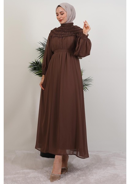 Gipe Detay Şifon Elbise Kahve fiyatları