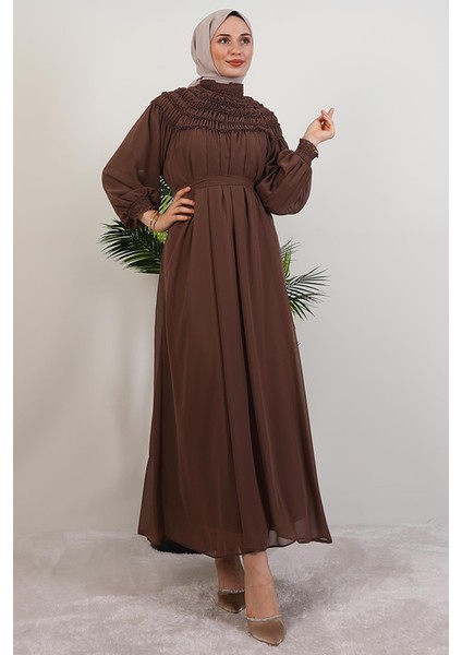 Gipe Detay Şifon Elbise Kahve modelleri