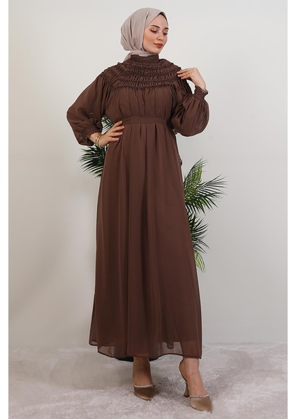 Gipe Detay Şifon Elbise Kahve fırsatları
