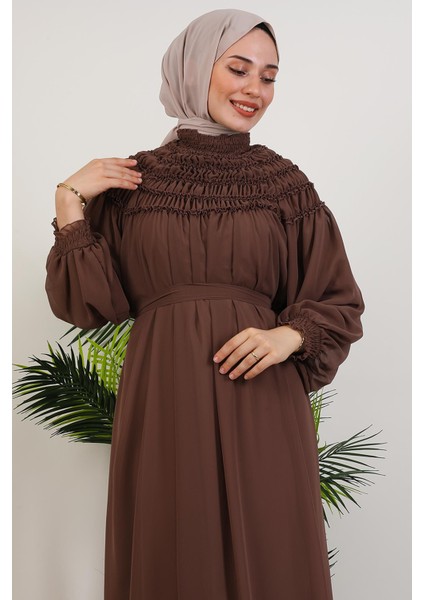 Gipe Detay Şifon Elbise Kahve indirimleri