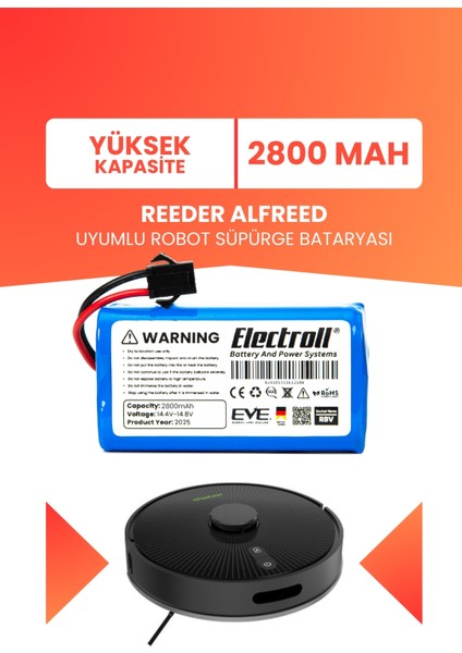 Reeder Alfreed Uyumlu Batarya (Yüksek Kapasite) 2800MAH Pil Robot Süpürge Batarya Değişimi