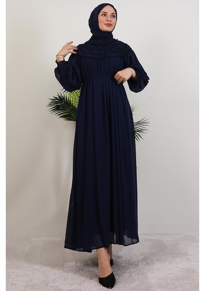 Gipe Detay Şifon Elbise Lacivert