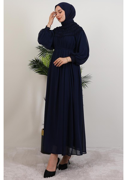 Gipe Detay Şifon Elbise Lacivert fırsatları