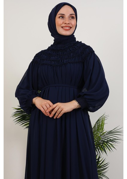 Gipe Detay Şifon Elbise Lacivert indirimleri