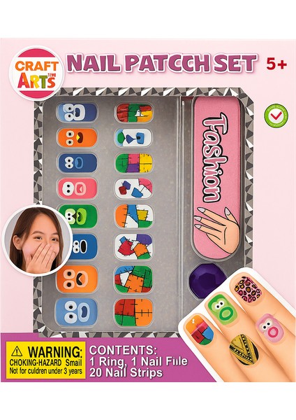 Renkli Çocuk Tırnak Sticker Seti – 20 Tırnak Bandı + Törpü + Yüzük (5+ Yaş)