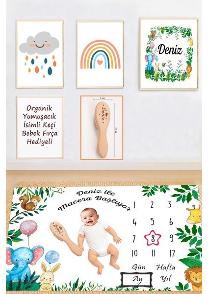 Kız Erkek Bebek %100 Pamuk Isimli Anı Battaniyesi, Organik Fırca Hediye Set STL7047