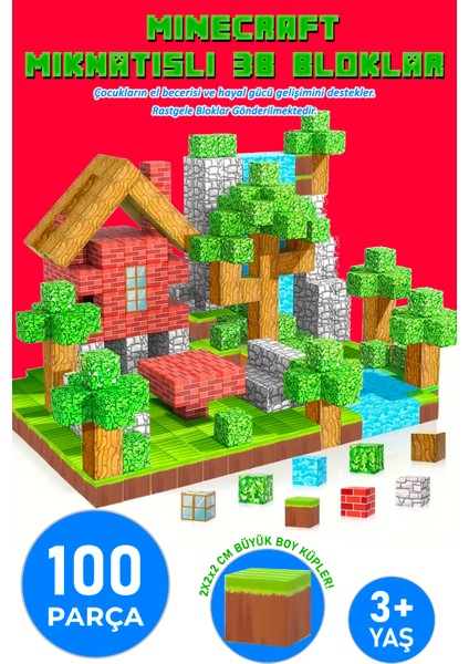 Minecraft Tarzı Manyetik Küpler - 100 Parça Zeka Geliştirici Blok Oyuncak 3+Yaş Eğitici Oyuncak Seti Manyetik Küpler Eğitici Yapı Oyuncak Seti