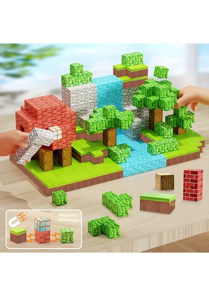 Minecraft Tarzı Manyetik Küpler - 100 Parça Zeka Geliştirici Blok Oyuncak 3+Yaş Eğitici Oyuncak Seti Manyetik Küpler Eğitici Yapı Oyuncak Seti