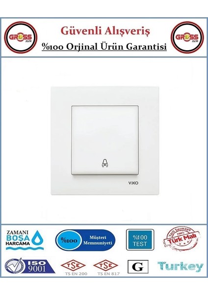 Karre Zil Anahtarı - Çerçeve Dahil - Beyaz - Orjinal Ürün