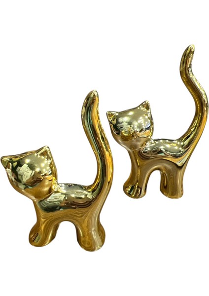 Gold Detaylı Ikili Porselen Kedicik – Yüzük Standı ve Dekoratif Aksesuar Seti(6x9,5x2cm/5x8x2cm)