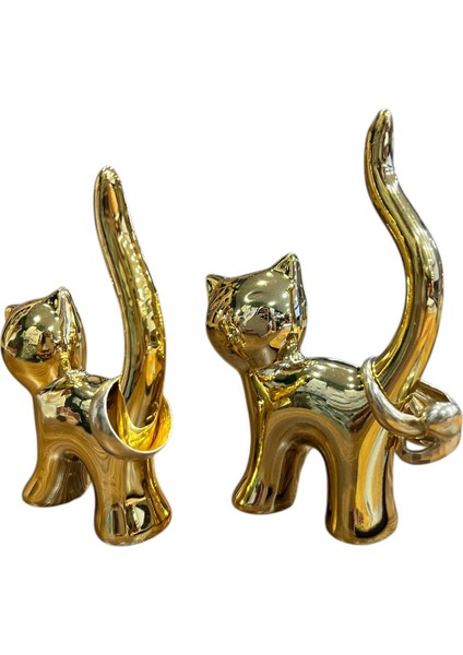 Gold Detaylı Ikili Porselen Kedicik – Yüzük Standı ve Dekoratif Aksesuar Seti(6x9,5x2cm/5x8x2cm) modelleri