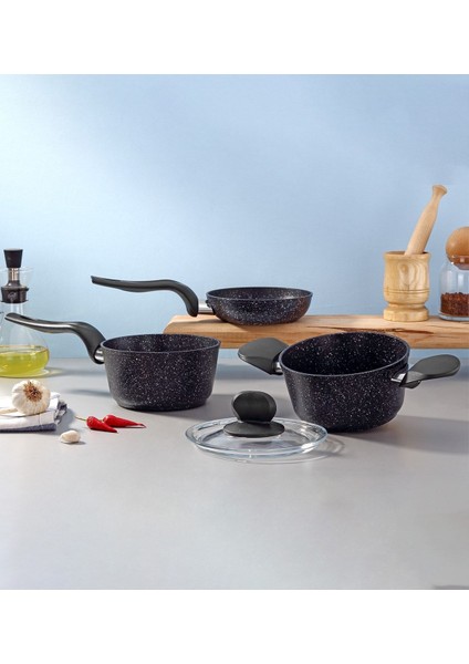 4 Parça Mini Granit Tencere Seti, Siyah, Dayanıklı ve Şık Tasarım