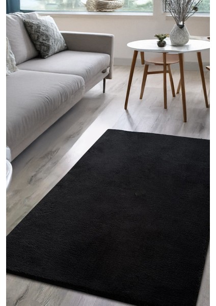 Siyah Peluş Yumuşak Dokulu Tüylü Kaymaz Taban Tozumaz Yıkanabilir Halı