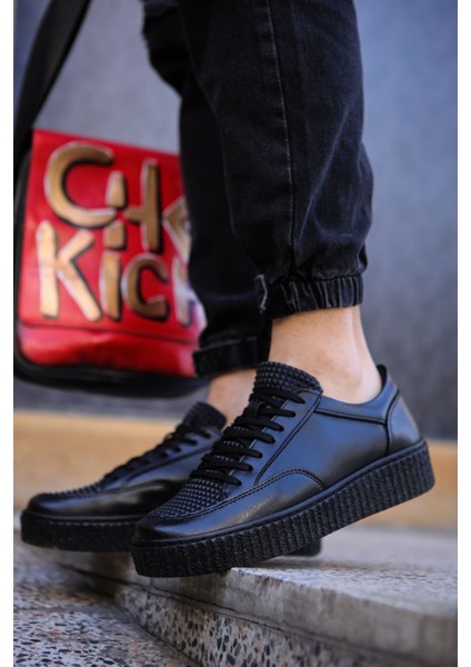 J017 Pyramid Ortopedik Taban Günlük Cilt Erkek Sneaker Spor Ayakkabı Cst Siyah