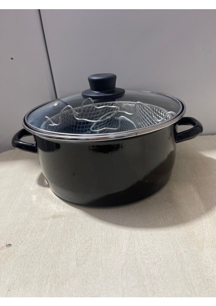 Desenli Cam Kapaklı, Süzgeçli, Emaye Kızartma Tenceresi, 24CM, Beyaz