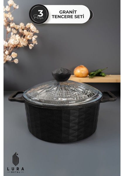 3 Parça Siyah Döküm Granit Kızartma Tenceresi 24 Cm, Yağ Süzgeçli, Cam Kapaklı, Yanmaz Yapışmaz fiyatları