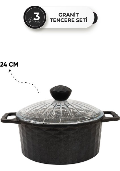 3 Parça Siyah Döküm Granit Kızartma Tenceresi 24 Cm, Yağ Süzgeçli, Cam Kapaklı, Yanmaz Yapışmaz