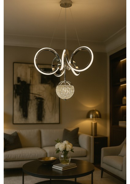 Kıvrım Tekli Kristal Toplu Modern Oturma LED Avize