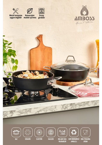 30 cm Siyah Basık Tencere, Cam Kapak, Yapışmaz, Dayanıklı, Titanyum Kaplama