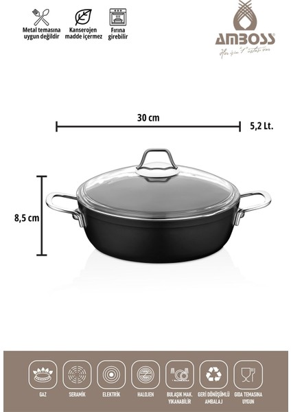 30 cm Siyah Basık Tencere, Cam Kapak, Yapışmaz, Dayanıklı, Titanyum Kaplama fiyatları