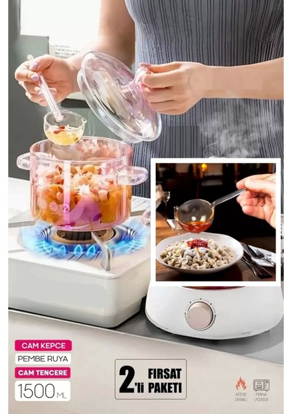 Pembe 1500CC Isıya Dayanıklı Borosilikat Cam Tencere Seti (2'li)