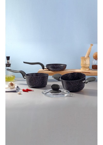 Mini Granit Tencere Seti, 4 Parça, Siyah, Dayanıklı ve Şık Tasarım