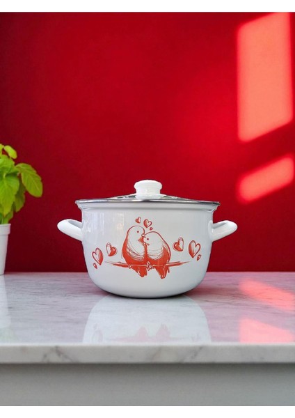 4l Emaye Yoğurt Tenceresi, Kuş Desenli, Beyaz, Şık ve Sağlam Tasarım