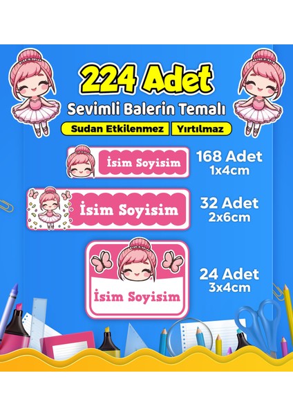 Sevimli Balerin Temalı Okul Kreş Kişiye Özel Isim Etiket Seti - Model 450