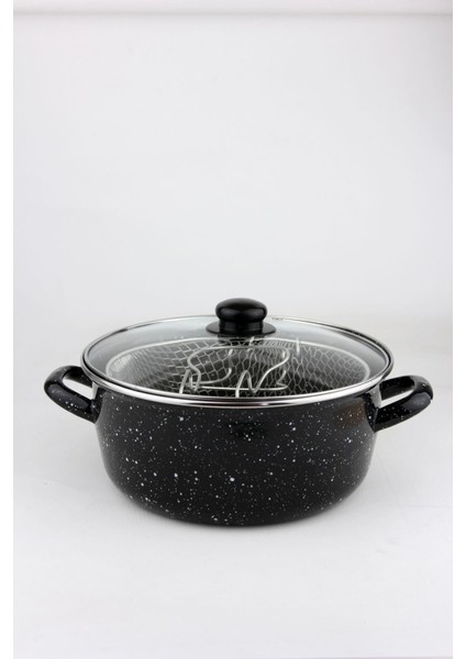 Kalın Emaye Büyük Boy Kızartma Tenceresi, 24 Cm, Siyah