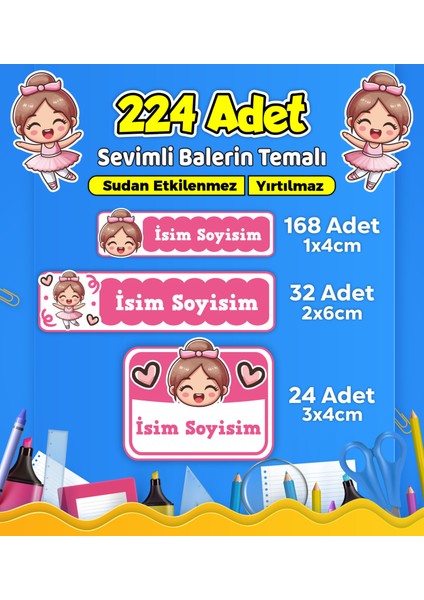 Sevimli Balerin Temalı Okul Kreş Kişiye Özel Isim Etiket Seti - Model 451