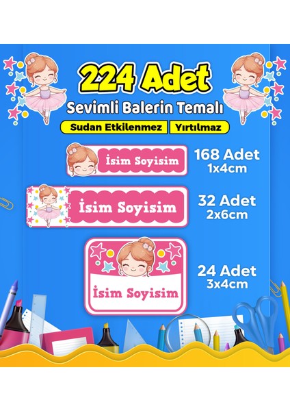 Sevimli Balerin Temalı Okul Kreş Kişiye Özel Isim Etiket Seti - Model 458