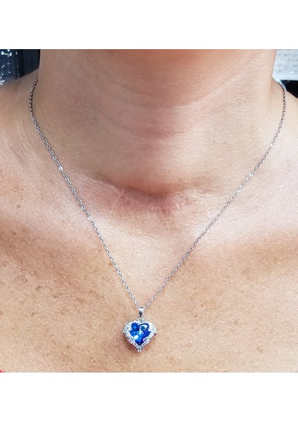 Mavi Taşlı Çelik Kalp Kolye