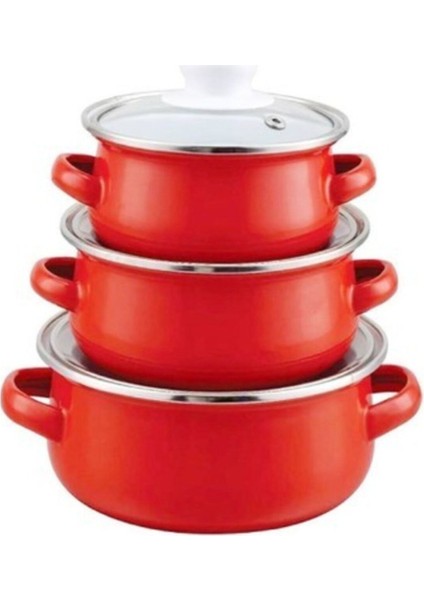 Mini Emaye Tencere Seti 3'lü, 12/14/16 Cm, Canlı Kırmızı Renk
