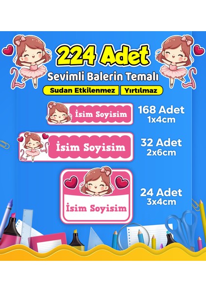 Sevimli Balerin Temalı Okul Kreş Kişiye Özel Isim Etiket Seti - Model 459
