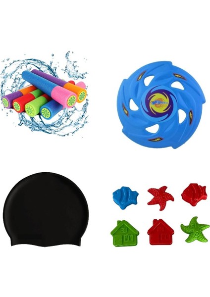 Renkli 4'lü Plaj Oyun Seti, Kum Kalıbı, Frizbi, Latex Bone, Su Pompası